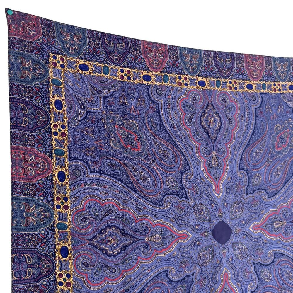 Vintage CHANEL Women's Blue & Gold Silk Wool Paisley Square Scarf Size 34" x 34" - Picture 5 of 8